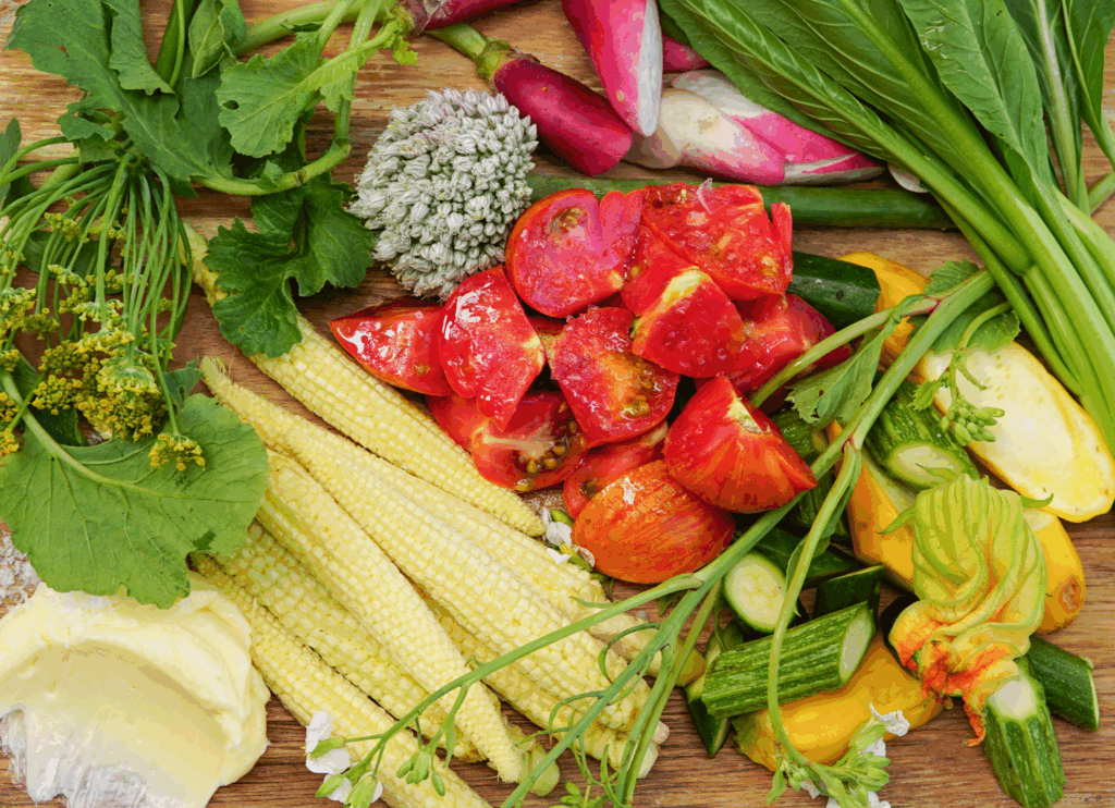 variety of colorful farmer's market vegetables on a board